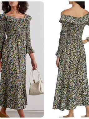 Doen Rosenda ruffled shirred floral organic cotton blend voile midi dress XS *
